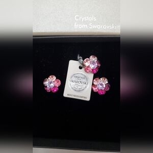 Swarovski Pink Crystal Flower Earrings And Pendant In Gift Box